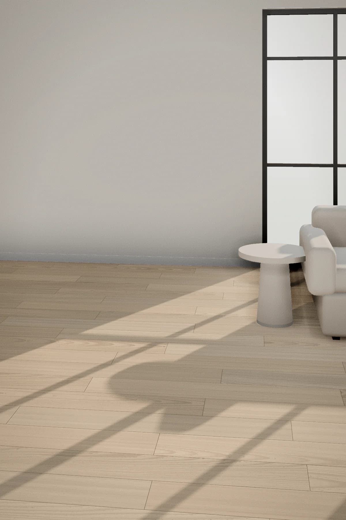 Bright living room with steel garden doors and sunlight on a Dune Oak laminate floor