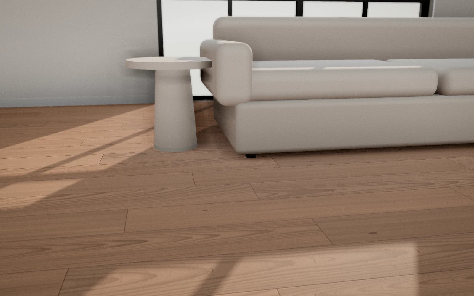 Clay Oak seen from floor level, with sunlight raking across the planks