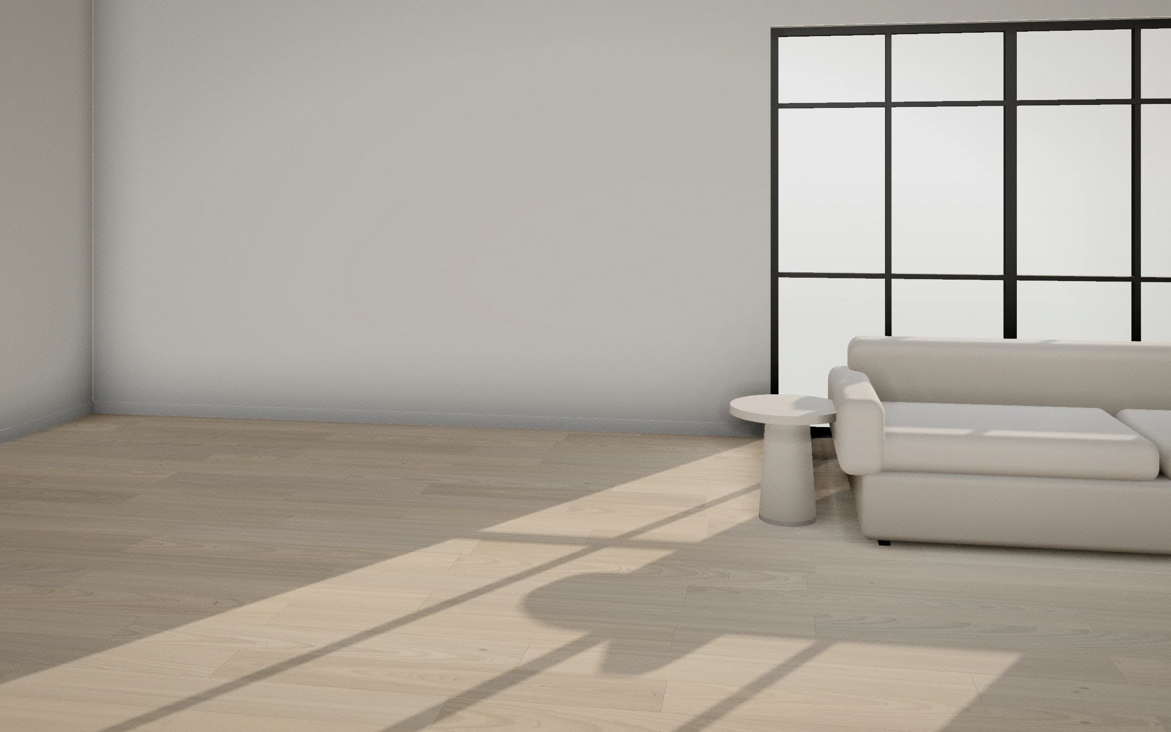 Oat Oak laid in a bright living room with steel garden doors