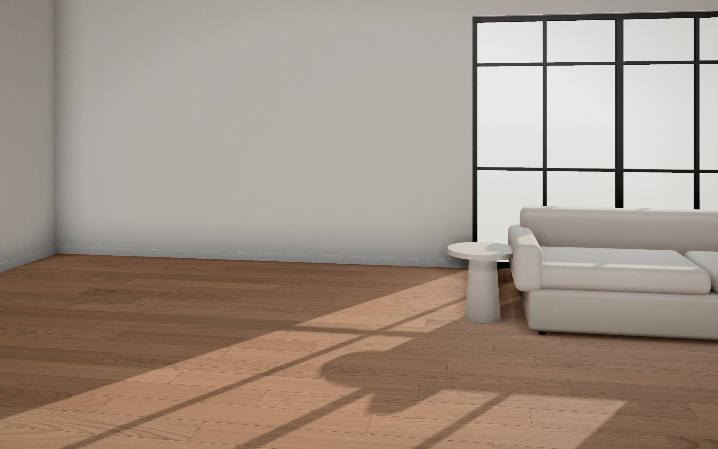 Clay Oak laid in a bright living room with steel garden doors