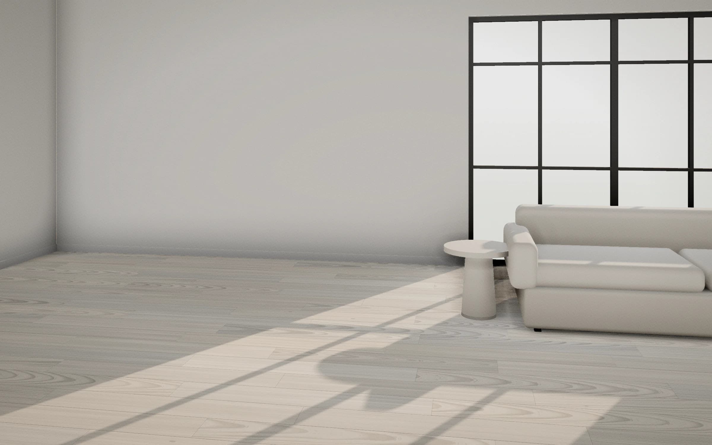 Salt Ash laid in a bright living room with steel garden doors