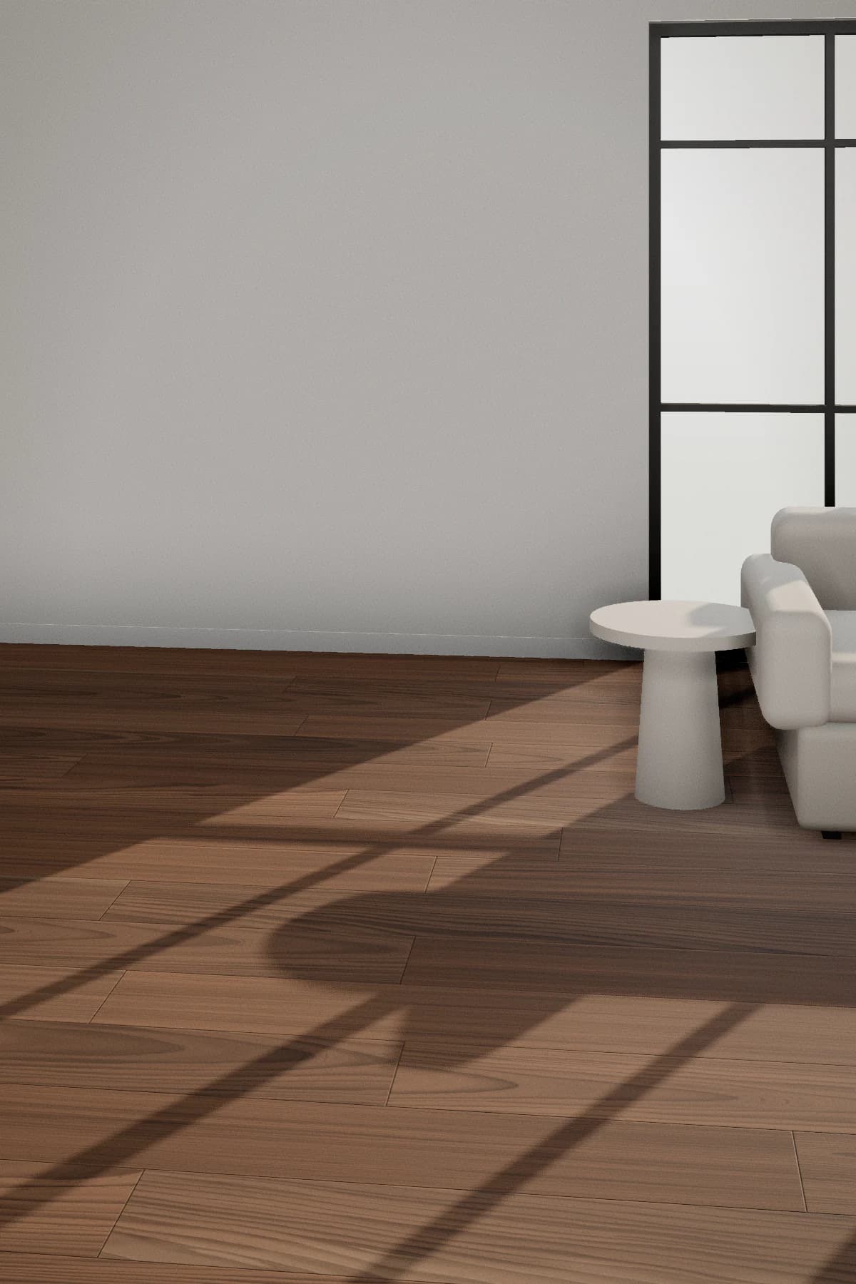 Canal Walnut laid in a bright living room with steel garden doors